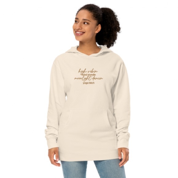 High Vibin Yoga Bitch Embroidered Long Line Loose Fit Fleece Hoodie in Bone NWT - Picture 4 of 6